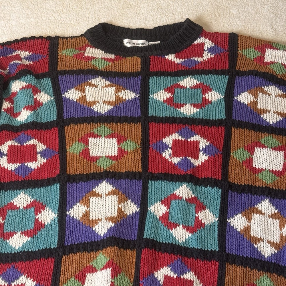 Vintage Pierre Cardin XL Ramie Cotton Geometric Knit Sweater